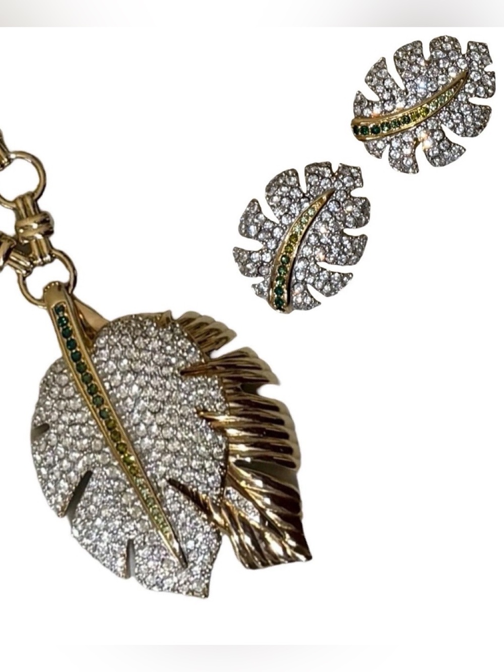 Vintage Swarovski Pavé Monstera Leaf Pendent Gold Necklace & Clip On Earrings